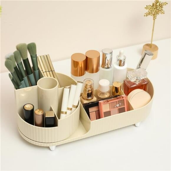 Rotating Makeup Organizer Countertop Storage Tray Brush Holder Vanity Case - Picture 4 of 7
